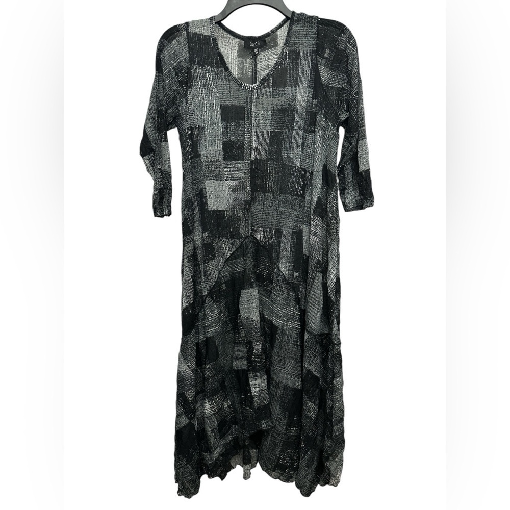 Comfy USA Crinkle Lagenlook Dress Size XS Semi Sheer Mesh Midi Black / Gray NWT